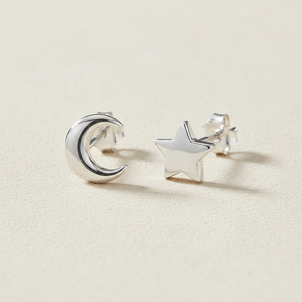 Sterling Silver Cute Moon And Star Mismatch Stud Earrings