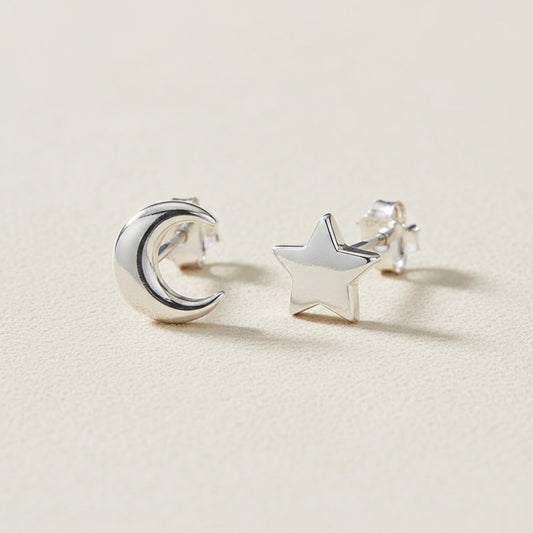 Sterling Silver Cute Moon And Star Mismatch Stud Earrings