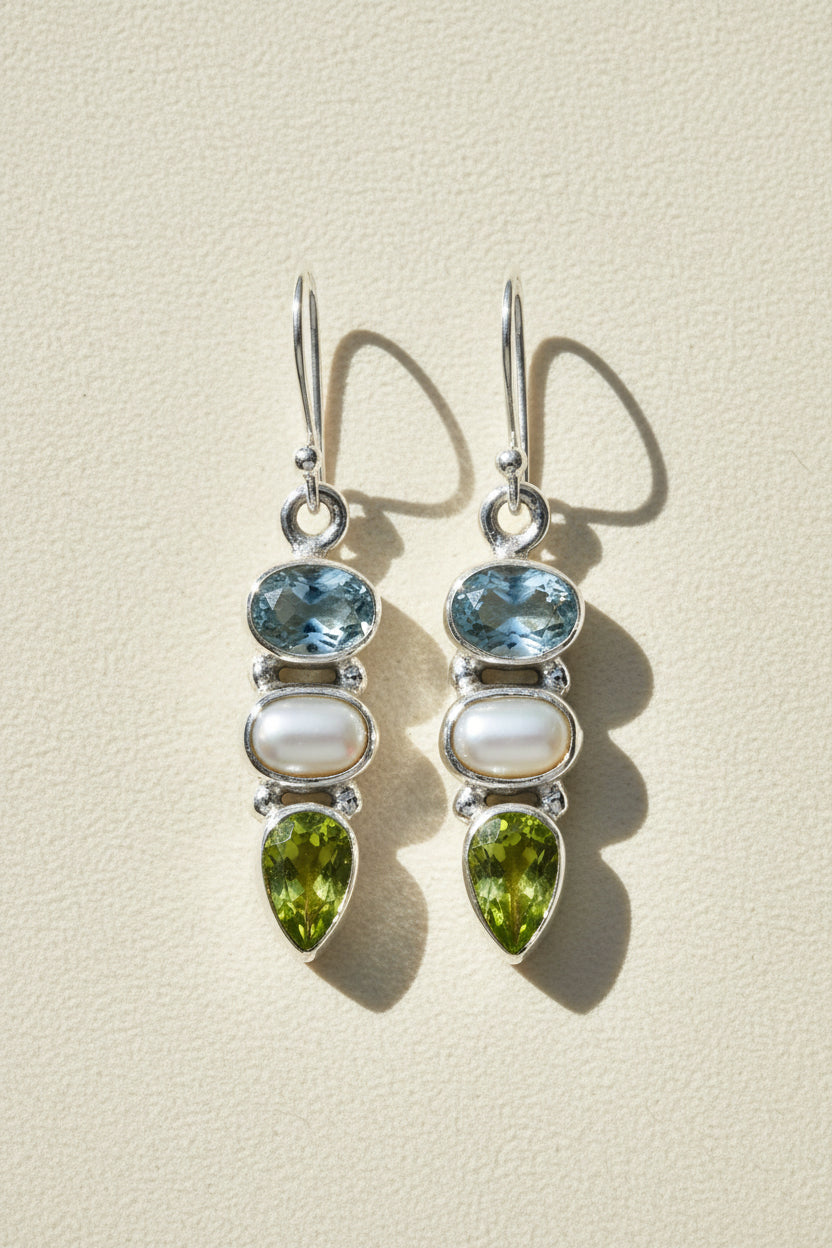 Pearl and Mixed Gemstone Dangle Earrings