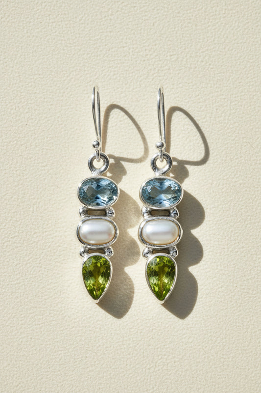 Pearl and Mixed Gemstone Dangle Earrings