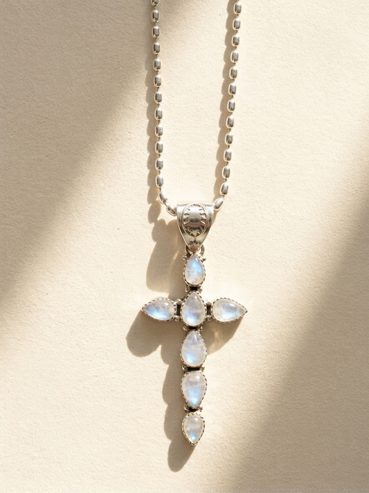 Rainbow Moonstone Cross Pendant Necklace