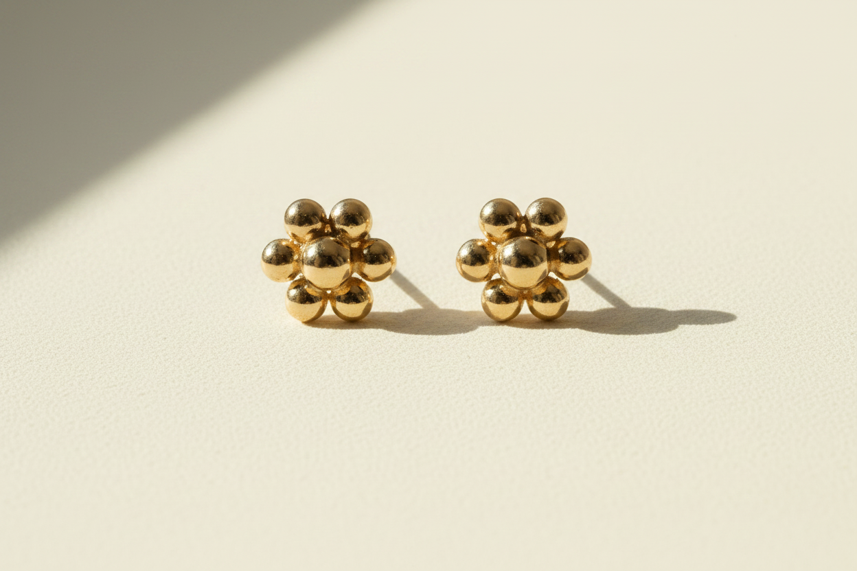14K Yellow Gold Granulated Flower Stud Earring
