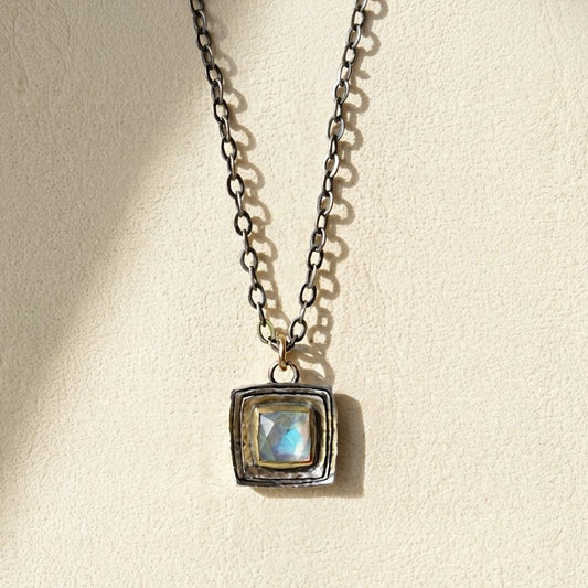 Square Cusp Necklace with Rainbow Moonstone
