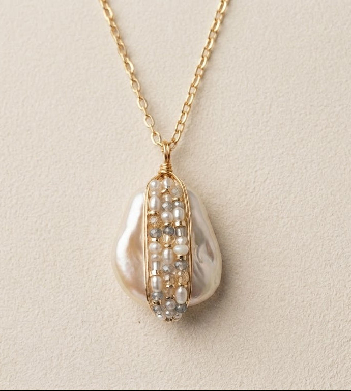 Bead Wrapped Pearl Pendant Necklace