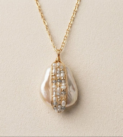 Bead Wrapped Pearl Pendant Necklace
