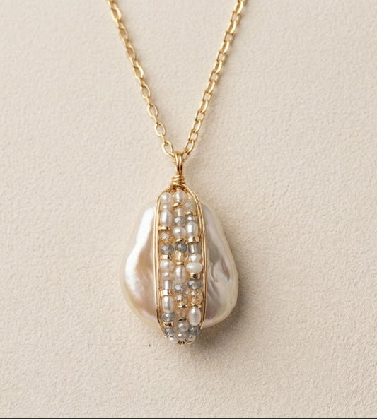 Bead Wrapped Pearl Pendant Necklace