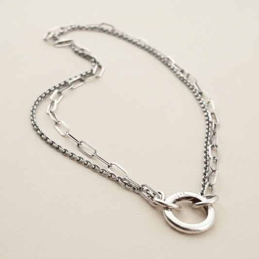 Double Chain Necklace with Hammered Ring