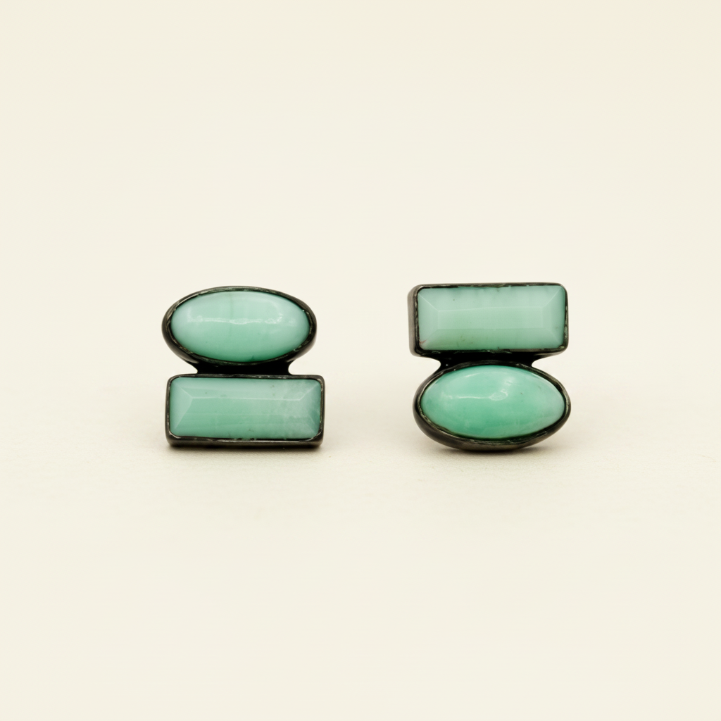 Oval Cabochon and Baguette Double Chrysoprase Stud Earrings