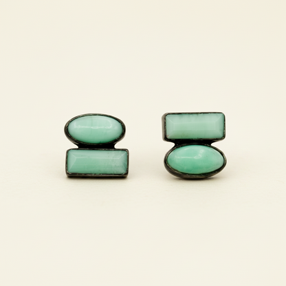 Oval Cabochon and Baguette Double Chrysoprase Stud Earrings