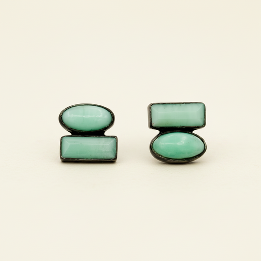 Oval Cabochon and Baguette Double Chrysoprase Stud Earrings