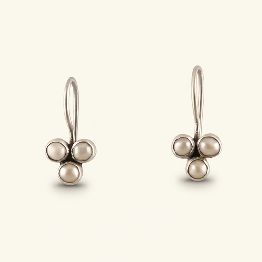 Dainty White Pearl Clover Drop Earring