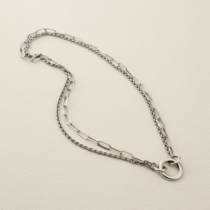 Double Chain Necklace with Hammered Ring