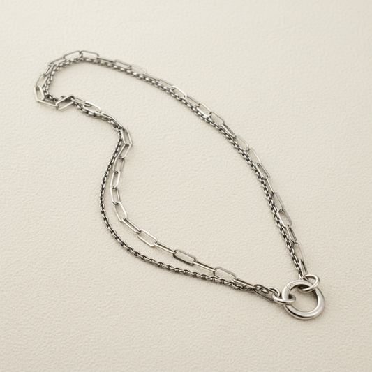Double Chain Necklace with Hammered Ring
