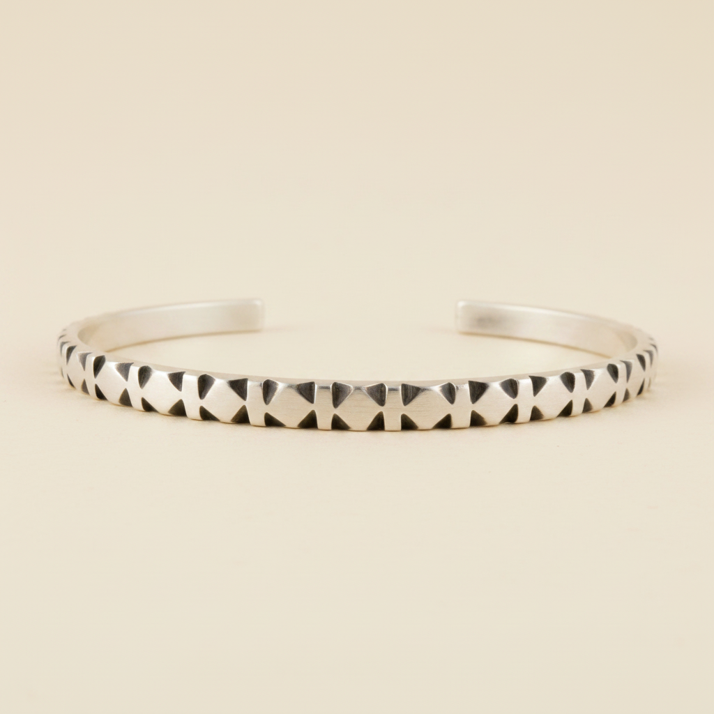 Hand Carved Diamond and Stripe Pattern Cuff Bracelet