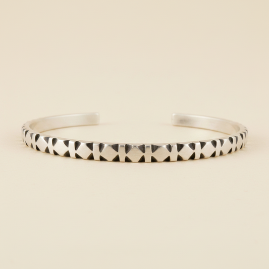 Hand Carved Diamond and Stripe Pattern Cuff Bracelet