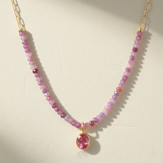 Beaded Paperclip Necklace-Pink Topaz & Ruby