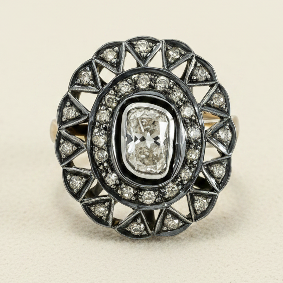 Diamond ring with intricate design on a light beige background