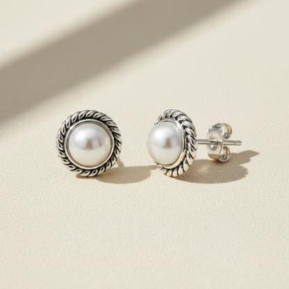 Freshwater Pearl Stud Earrings with Rope Detail