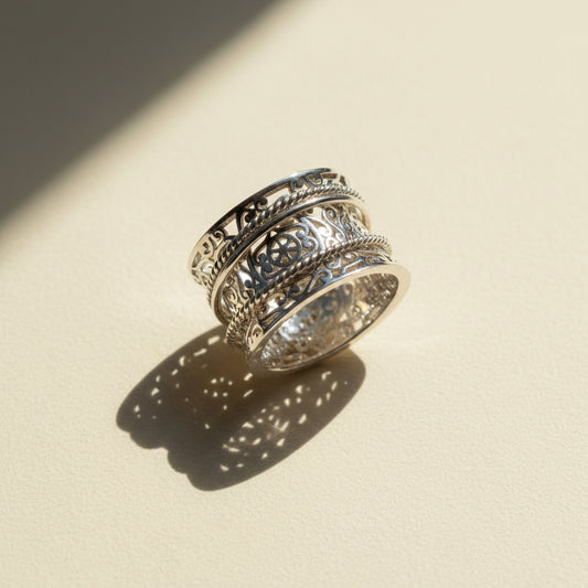 Wide Band Filigree Spinner Ring