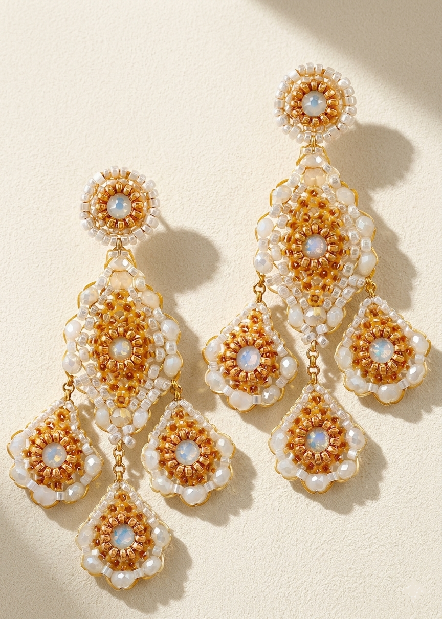 White & Gold Beaded Chandelier Earring